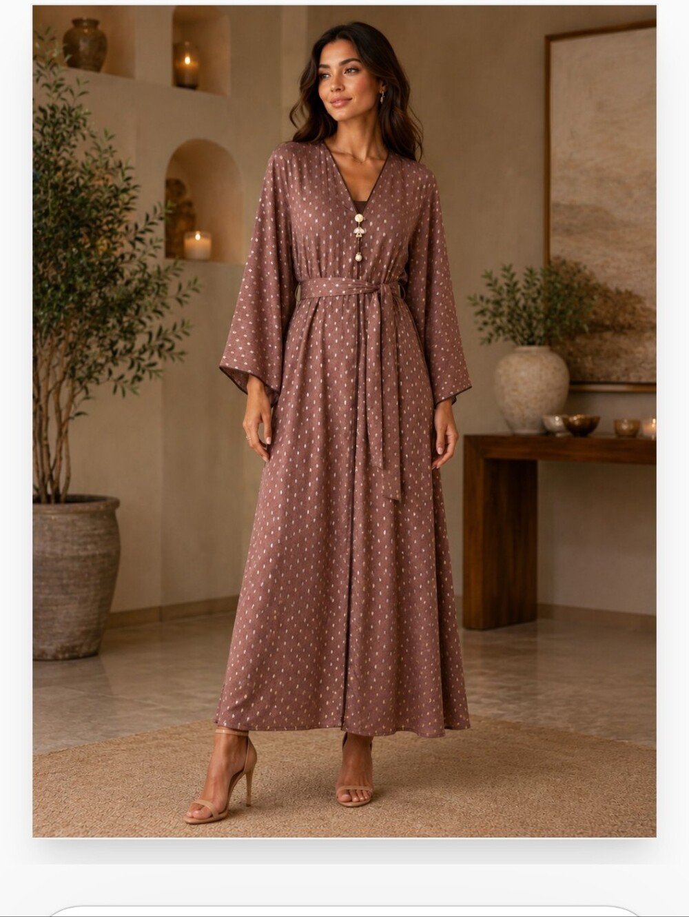 Double Layered Long Brown Open-Front Arabic Dress With Belt For Fitting